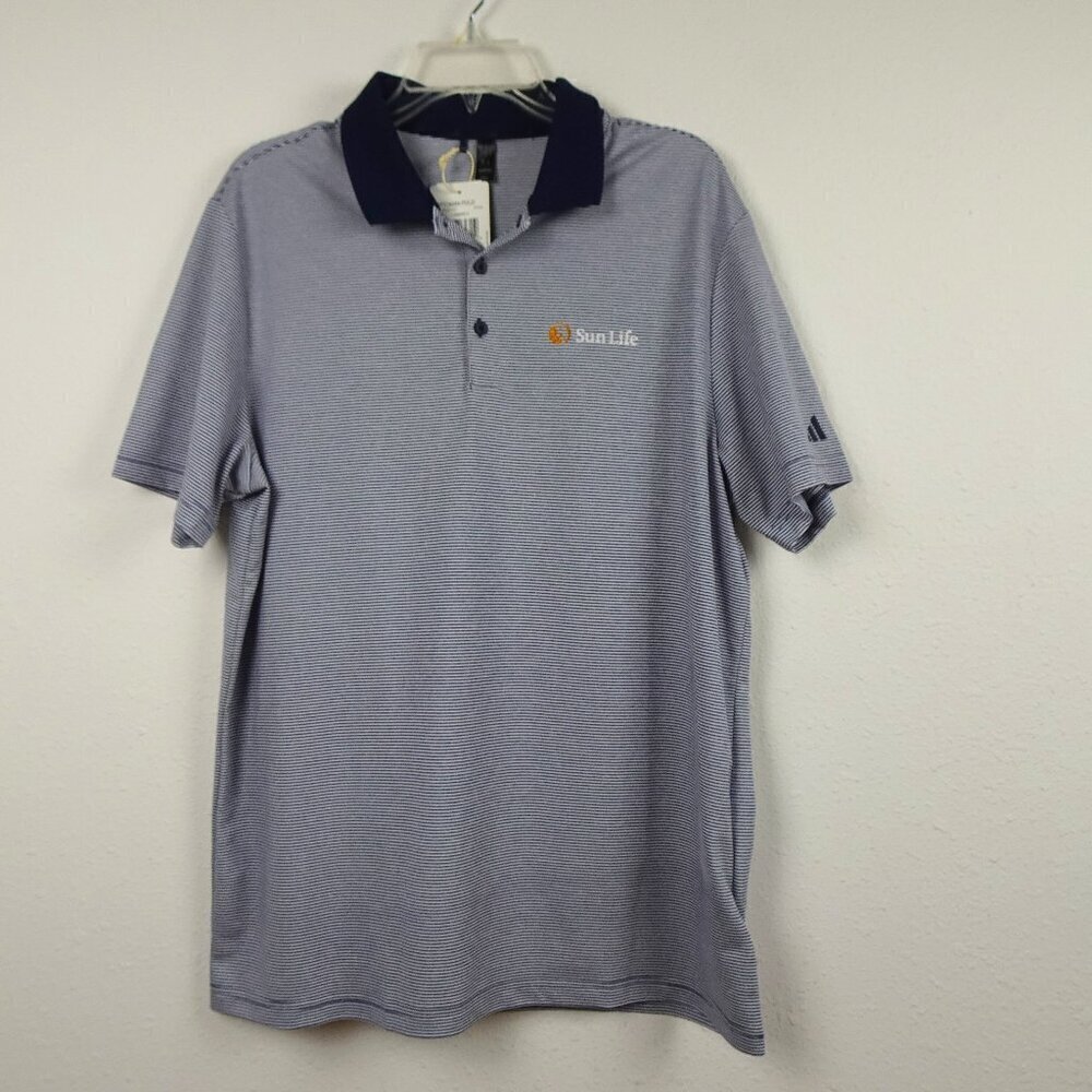 Adidas Polo Shirt Men's Size L Blue Stripe Sun Life Logo Embroidered Golf